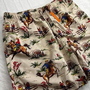 Negative Space Mens M Shorts Swim Trunks Western Cowboy Wagons Horses Beige NWT